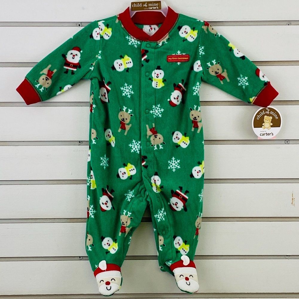 Child of Mine 0-3mos First Christmas One Piece Footed Pajamas Green Fleece Santa
